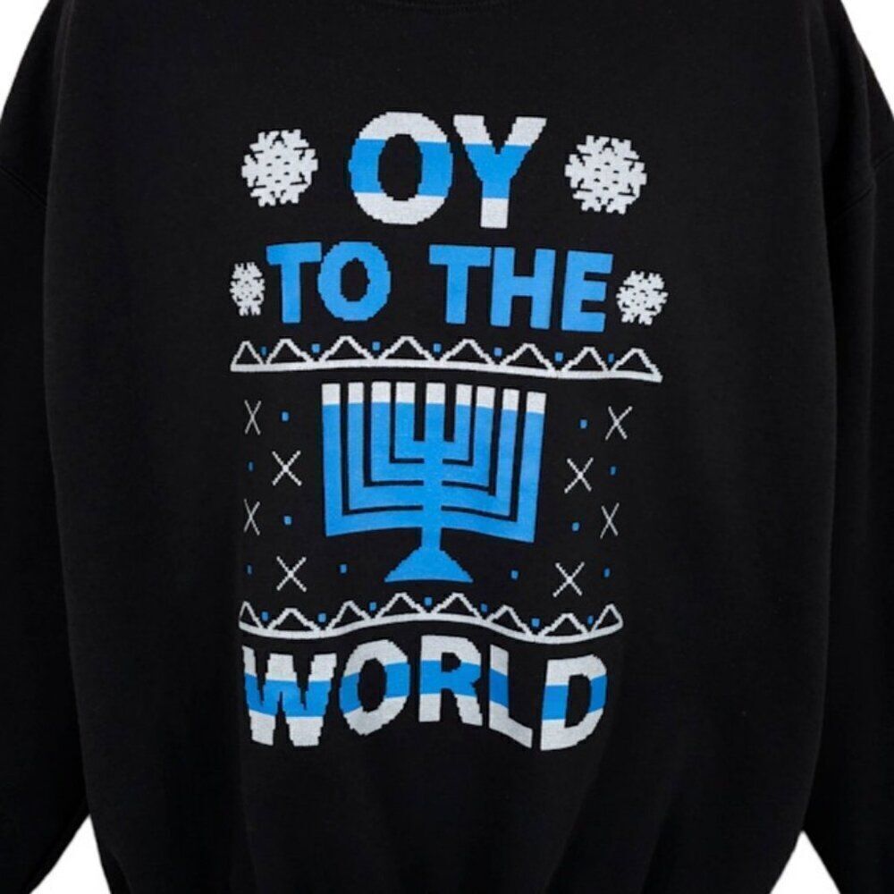 Oy To The World Hanukkah Sweatshirt Mens Size XL Black Holiday Ugly Christmas